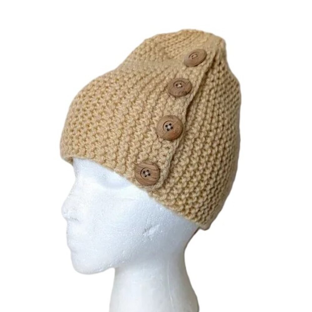 Handmade Knit Hat Button Accent Brown Neutral Beige Boho Vintage